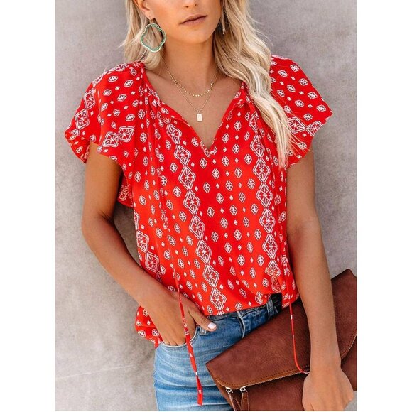 Women's Boho Floral V-Neck Short Sleeve Summer Blouse XL - Picture 2 of 6